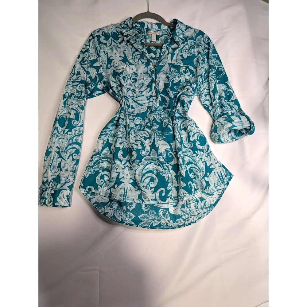 Dana Buchman Teal/White Floral Woven Collared Button-Front Blouse Long Sleeve L